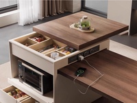 Îlot de cuisine minimaliste italien avec table à manger escamotable, comptoir en bois grainé, grande capacité de rangement pour usage hôtelier