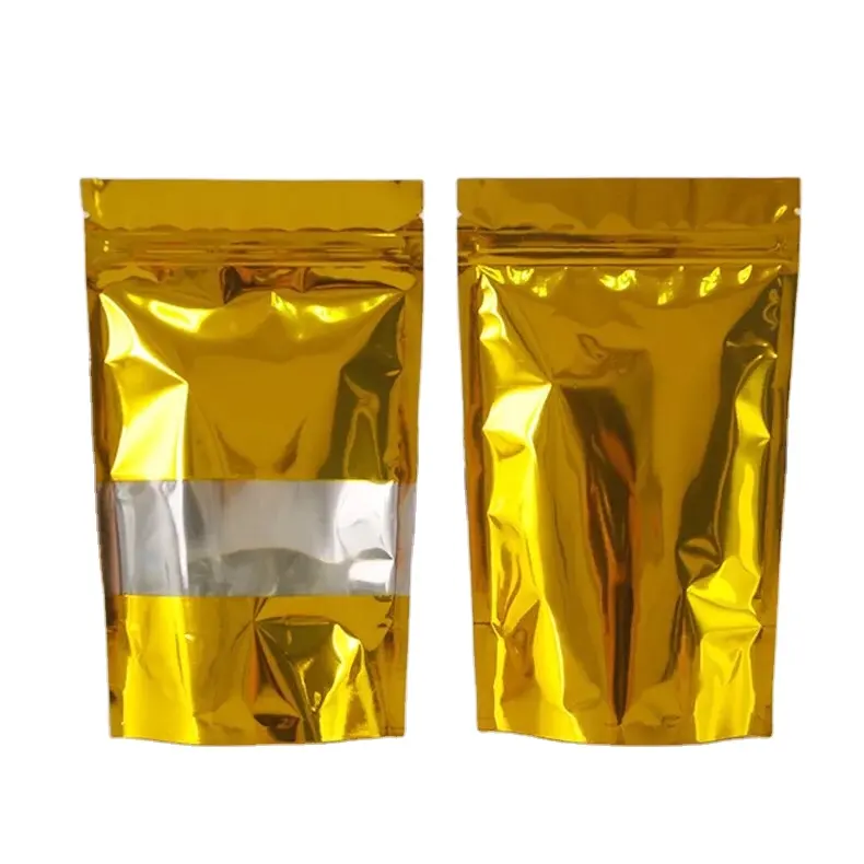 Ziper porta-malas para mylar, saco de embalagem de folha de alumínio dourado com janela transparente