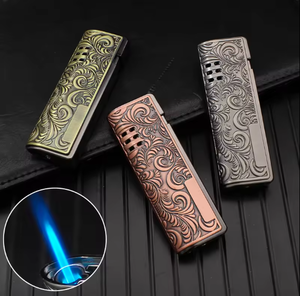 Encendedor de antorcha de llama de chorro de Metal con patrón de relieve Retro de diseño creativo ajustable con embalaje de logotipo para cigarrillos de Gas al por mayor - Product Image 2
