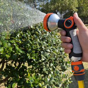 Pistola de agua Huabangshi para jardín, 8 funciones, boquilla de pulverización con pulsador, patrones variables para plantas, lavado de autos y limpieza de pisos - Product Image 1