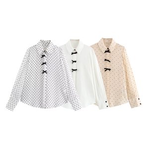 Kadın yeni moda yay dekoratif Polka-dot gömlek Retro uzun kollu düğme gömlek şık bluz - Product Image 1