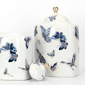 J052 चीनी शैली आधुनिक रसोई भंडारण कनस्तर सेट चीनी मिट्टी तितली lids के साथ जार - Product Image 3