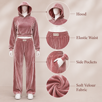 Ensemble deux pièces personnalisé avec logo pour femme, en velours mauve rose, comprenant un sweat à capuche court à manches raglan et un pantalon de survêtement streetwear taille haute à jambes larges