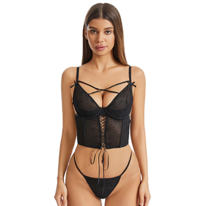 Ensemble de lingerie sexy noir pour femme, comprenant un <span class=keywords><strong>bustier</strong></span> push-up à nœud personnalisé avec logo Lulu et une culotte string – Vente en gros - Product Image 1