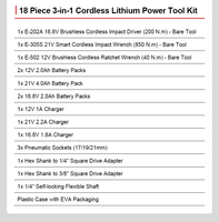 Kit de Herramientas 3 en 1 sin Escobillas, 18 Piezas, Atornillador de Impacto de 200N.m, Llave de Impacto de 850N.m, Llave de Trinquete de 40N.m, 16.8V 21V 12V con Cargador