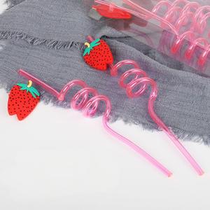 Sedotan <span class=keywords><strong>Spiral</strong></span> plastik 5mm, aksesori sedotan minuman pesta kasual dengan atasan stroberi - Product Image 3