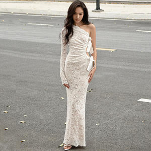 Nuovo <span class=keywords><strong>abito</strong></span> da donna <span class=keywords><strong>con</strong></span> collo inclinato a spalla singola a <span class=keywords><strong>manica</strong></span> <span class=keywords><strong>lunga</strong></span> <span class=keywords><strong>con</strong></span> fiocco in pizzo Sexy autunno e inverno - Product Image 2