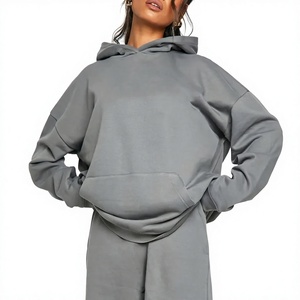 High Quality Streetwear Hoodies Women's Oversized Hooded Sweatshirt Solid Gray <b>Drop</b>-Shoulder Fleece Pullover Hoodies - Product Image 1