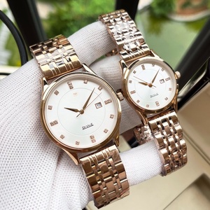Ensemble de montres à quartz pour couple, bracelet en acier inoxydable or rose, cadran blanc avec index des heures en cristal, Omegaes - Product Image 1