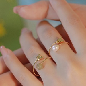 White Dew Reed And Jade Pearl Ring For Women Butterfly Design Gold Plated Adjustable Fashion Jewelry Gift - Product Image 1