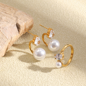 Stainless Steel 18K Gold Plated Open <b>Ring</b> Inlaid Teardrop Zircon And Pearl Trendy Elegant Statement <b>Finger</b> <b>Ring</b> For Women - Product Image 6
