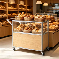 Présentoir mobile en aluminium, contreplaqué et acrylique pour boulangerie et snacks, avec roulettes