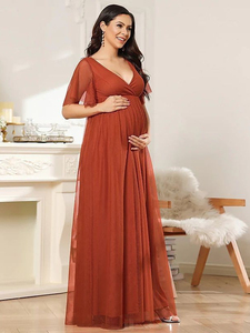 Vestidos de Noche de Maternidad con Cuello en V, Manga Corta, Tul Transparente, Largos hasta el Suelo, Vestidos Formales de Fiesta para Mujeres Embarazadas, Estilo Europeo Americano - Product Image 4