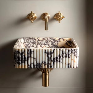 Мраморная раковина Calacatta, ребристая раковина из натурального камня, настенный умывальник на заказ, дизайнерская раковина - Product Image 1