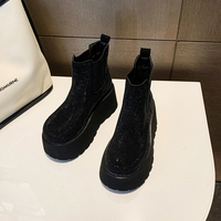 Bottines Chelsea à plateforme pour femmes avec strass, semelle épaisse, soufflet élastique, bottines à la mode scintillantes, noires