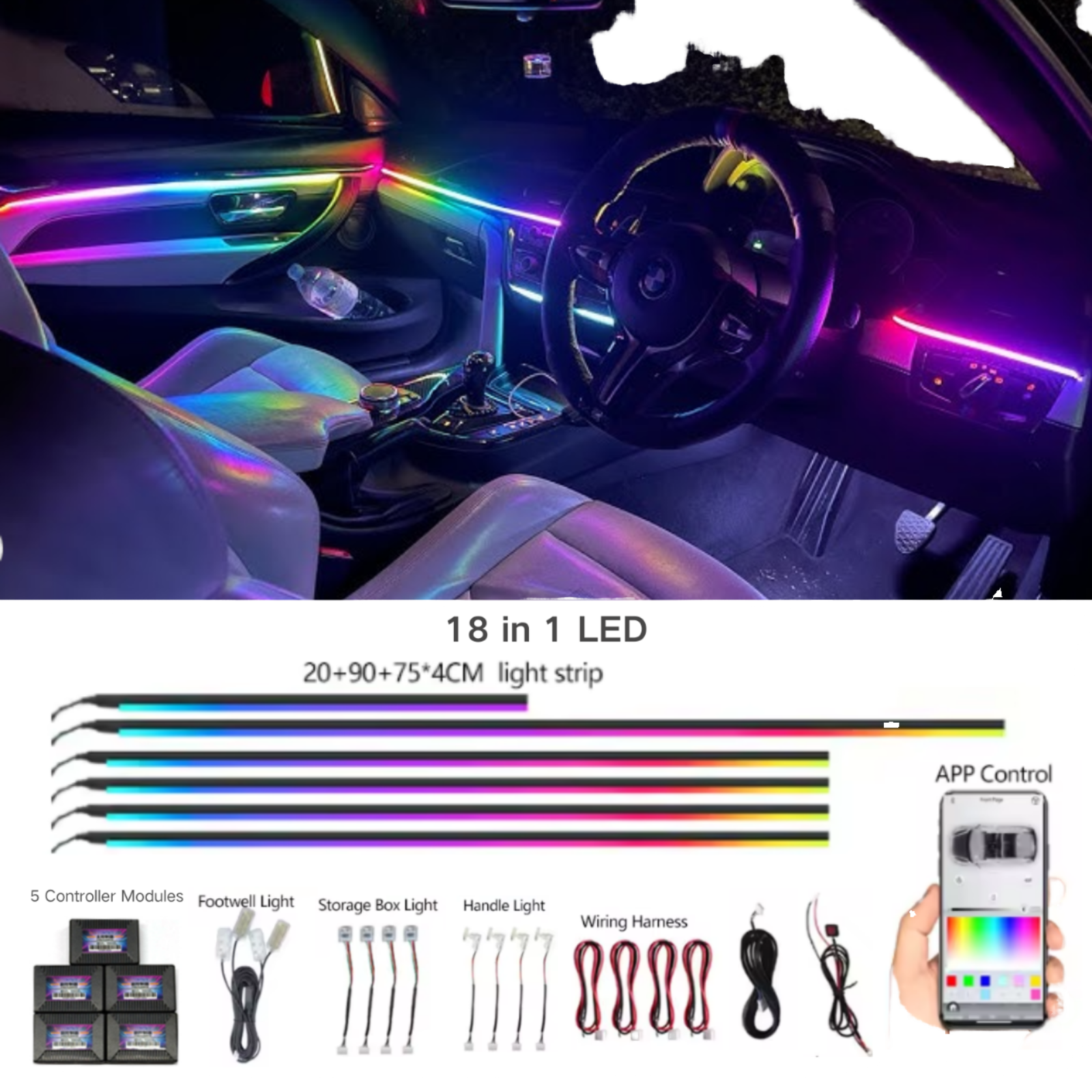 18 in 1 12V 20W Led Car Ambient Lights Neon Lighting Kit Acrylic Strip Light Interior Atmosphere Decoration Lamp