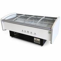 Vitrine réfrigérée commerciale incurvée à glissière en verre pour supermarché, présentoir horizontal pour charcuterie, viande et fruits de mer