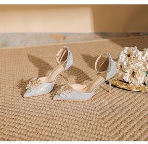 Sandali alla Moda con Cinturino alla Caviglia in Raso, Fiocco di Perle, Tacco Sottile, Punta a Spillo, per Estate e Autunno, Matrimoni e Feste, con Rialzo - Product Image 5