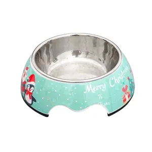 Melamine Pet Bowl Christmas Series Cartoon Stainless Steel Dog Cat Combination Pet Bowl Thickened Stainless Steel Anti-slip Bowl