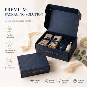 Caja de Cartón Corrugado Azul Marino Ecológica de Lujo, Impresión Geométrica Dorada, Recubrimiento UV, Logotipo Personalizado, Impermeable y Reutilizable - Product Image 4