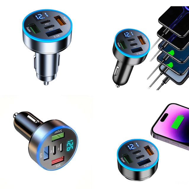 Trending Products 2026 New Arrivals 5 in 1 USB Car Charger with Voltage Display 2 Type C Three USB a Multi Port Fast Charging