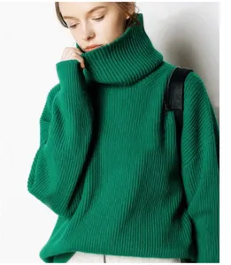 Sweater Rajut Ukuran Plus Wanita, Sweater Kasmir Leher Kura-kura Merino Wol Kosong Khusus Wanita