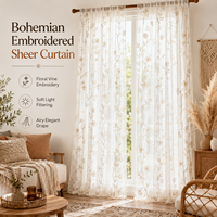 Rideaux Bohèmes 2 Panneaux à Motif Feuille Brodé, Semi-Transparents, en Faux Lin, à Passe-Tringle, Toutes Saisons, pour Fenêtre Standard, Salon