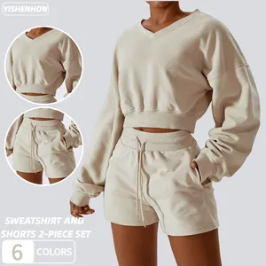 YISHENHON Sweater lengan panjang wanita, setelan Sweater kasual serbaguna luar ruangan, atasan dan celana pendek olahraga longgar pas baru
