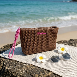 Soft Makeup Pouch Designer Padded Cosmetic Bag Portable Travel <b>Toiletry</b> Organizer Brown Bubble Fabric Beauty <b>Storage</b> Case - Product Image 1