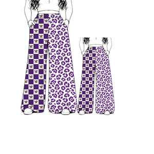 MSD0722 Pantaloni a Gamba Larga con Stampa a Blocchi Bicolore e Fantasia Leopardata a Vita Alta per Adulti e Bambini - Abbinamento Coordinato <span class=keywords><strong>Mamma</strong></span> e Figlia - Product Image 4