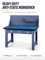 Banc de travail antistatique robuste, capacité de charge de 800 kg, table de travail en acier avec 3 tiroirs verrouillables et panneau perforé pour atelier