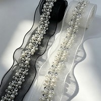 Bordure en dentelle ondulée en maille filet avec strass et perles faits à la main, embellissement 3D pour robe de mariée, couture et décoration de vêtements