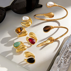 Teardrop Shape <b>Ring</b> 18k Gold Stainless Steel Pearl Inlay Asymmetrical <b>Opening</b> Unisex Jewelry For Any Occasion - Product Image 4