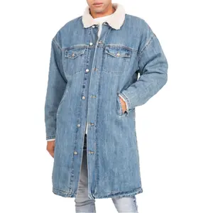 Зимняя уличная одежда, мужская длинная джинсовая куртка с подкладкой из шерпы и спущенными плечами, куртка-тракер под заказ, стеганая джинсовая куртка