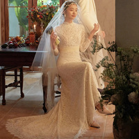 Gaun Pengantin Model Terbaru 2025 untuk Wanita, Ekor Pendek, Ukuran Besar, Meniruskan Tubuh, Model Fishtail Sederhana, Berbahan Lace, Tanpa Punggung, Cocok untuk Bepergian