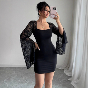 Busana Jalanan Eropa-Amerika Lintas Negara untuk Musim Gugur 2025, Lengan Lonceng, Belahan, Warna Solid, Aksen Renda, Kerah Kotak - Product Image 1