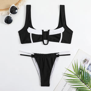 Ensemble bikini 2 pièces pour femme, col halter, rembourré push-up, string en V, noir et blanc unis, 100 % polyester, antibactérien, pour l'été et la plage - Product Image 3