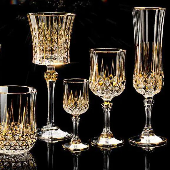 Penjualan laris gaya Eropa gelas wiski emas kristal mewah kualitas tinggi dan gelas sampanye anggur untuk rumah dan Bar