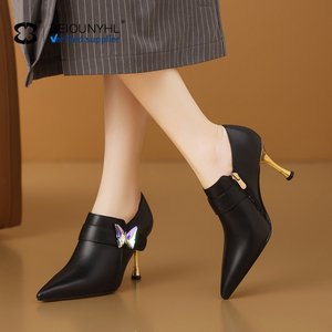 Cuir véritable Sexy Pointed Toe Women Pumps Spring New Leather Shoes Fashion Black butterfly Decorate Prom Lady Thin High Heel - Product Image 2