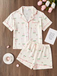 <span class=keywords><strong>Pigiama</strong></span> Casual Intrecciato Morbido Rosa con Stampa Fiori di Pesco, Colletto e Vita Elastica, per Estate/Autunno/Inverno - Vendita Diretta dalla Fabbrica ODM - Product Image 2