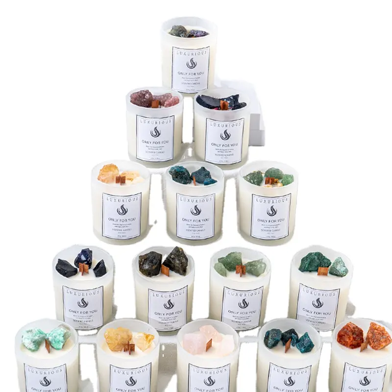 wholesale create your own organic aromatherapy candles crystal luxury custom wood wick scented candle with glass jars crystals