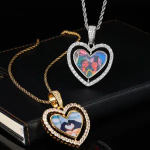 Collar con colgante con imagen de Corazón dorado para hombre, joyería personalizada de Hip Hop, colgante giratorio con foto Iced Out