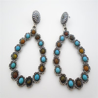 Nouvelles boucles d'oreilles pendantes en alliage de zinc plaqué argent antique, style vintage, motif goutte d'eau et fleur turquoise