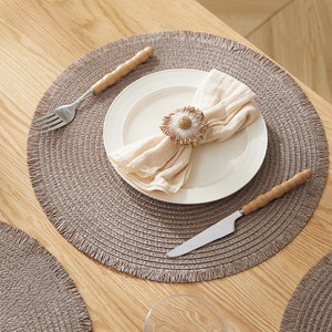 Sets de table ronds en papier tissé, isolants thermiques, anti-brûlure, pour la salle à manger, sous-verres décoratifs, couleur unie, bordure beige - Product Image 2