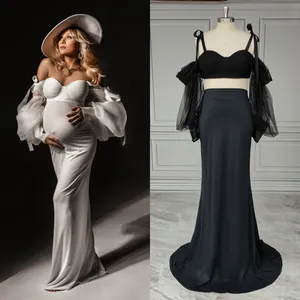 15593# Real Photos Two Piece Suit Puffy Sleeves Shooting Outfit Photography Dress For Pregnant Women Maternity Dress