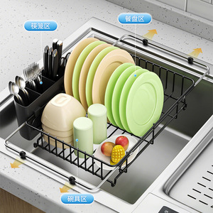 ชั้นวางจานแบบยืดหดได้พร้อมถาด ชั้นวางน้ำหยดแบบพับได้ทรงสี่เหลี่ยมสำหรับเคาน์เตอร์ครัว - Product Image 2