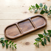Bandeja de Madera Maciza de Acacia con 3 Compartimentos para Salsas y Condimentos, Plato Dividido para Salsas y Encurtidos
