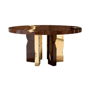 Mobili italiani di fascia alta sala da pranzo in mogano ottone impiallacciatura di legno moderno lusso rotondo tavolo da pranzo a 6 posti