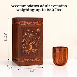 Wooden Cremation Urn Tree Life Birds Floral Patterns Traditional Rectangle Chestnut Color Sympathy <b>Open</b> Base Gravure Print Adult - Product Image 2