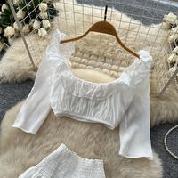 Ensemble jupe longue à volants taille haute et haut court à manches bouffantes à col carré, style romantique français, pour femme, idéal pour les vacances d'été